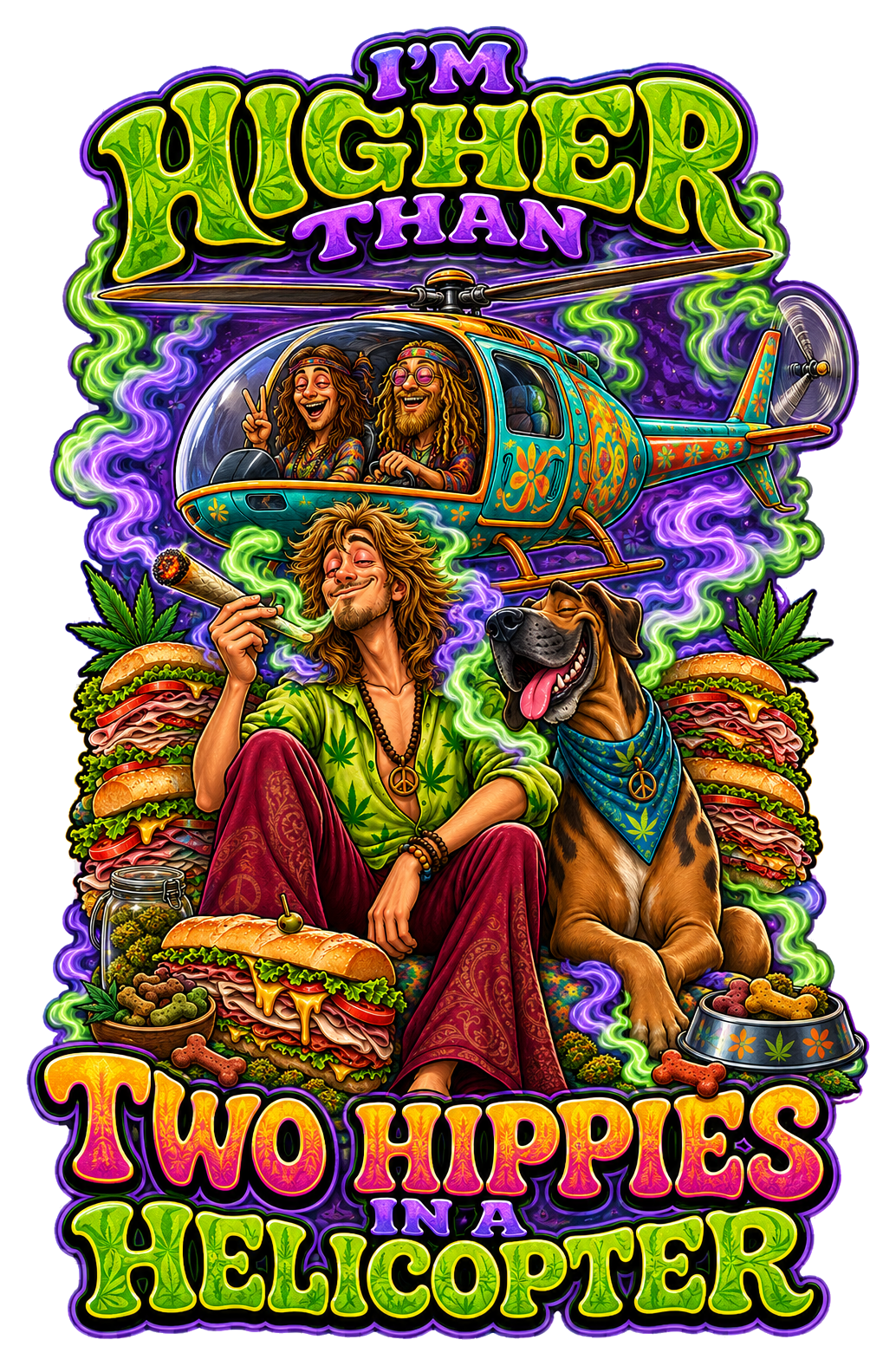 Two Hippies in a Helicopter graphic T-shirt design